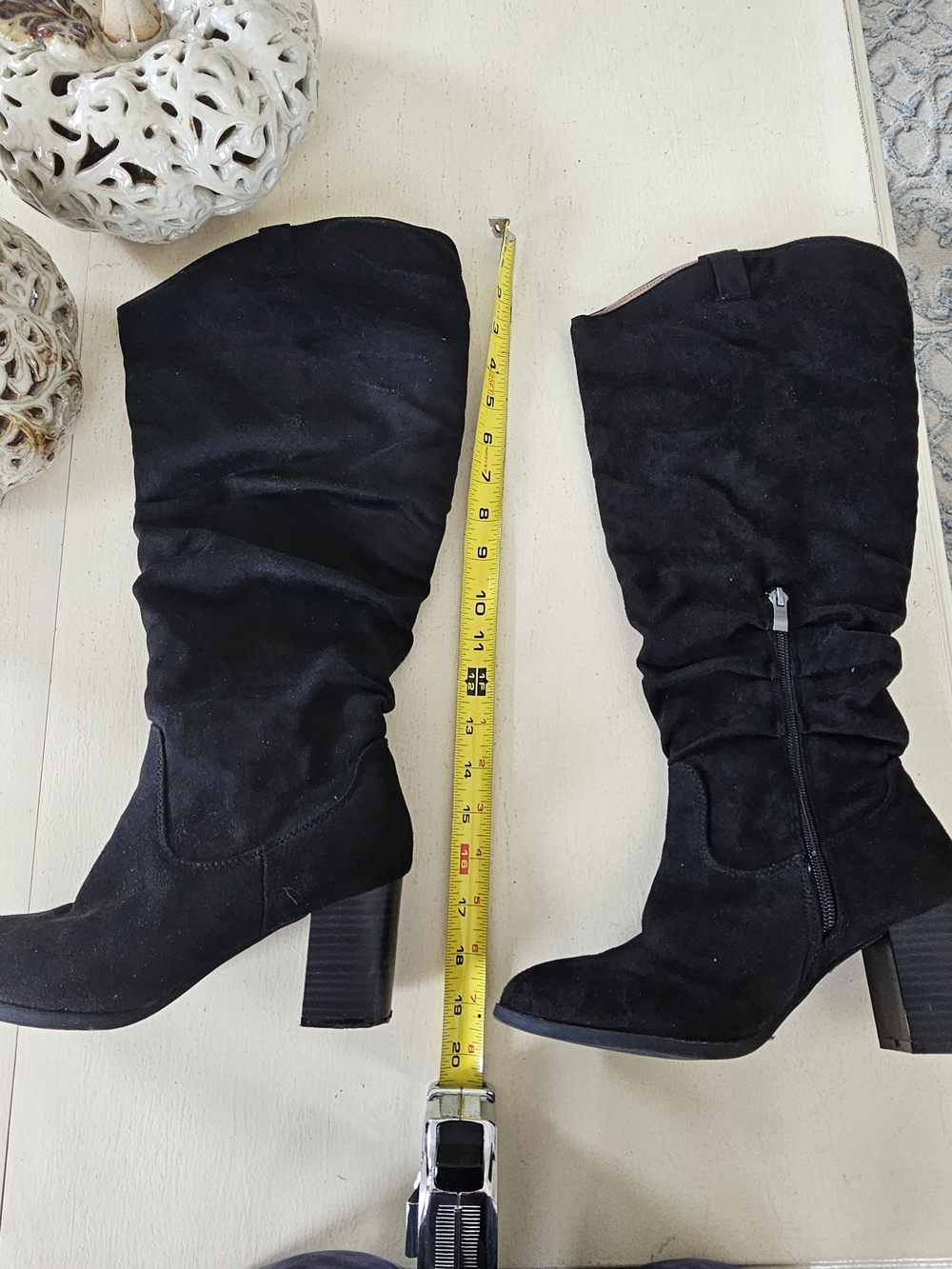Black Women's Knee Length Wide Calf Heeled Boots - Stylish Suede Look